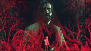 Alan Wake 2 key art showing Alan Wake looming over FBI agent Saga Anderson in a red-lit forest