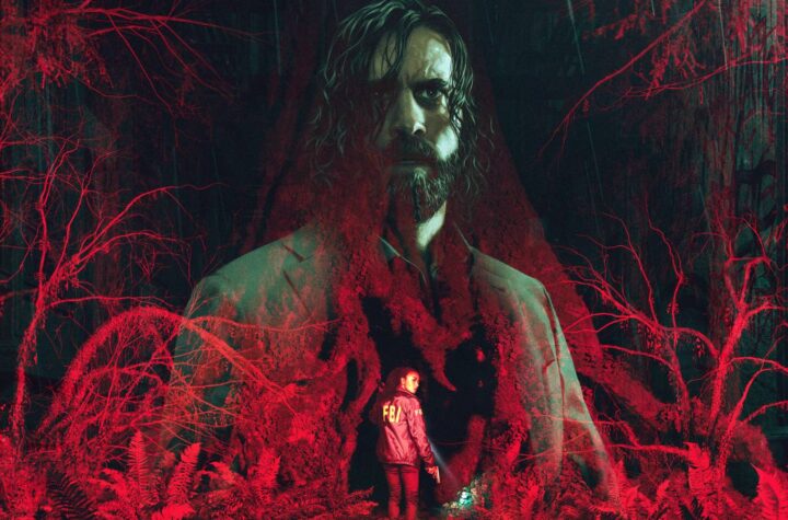 Alan Wake 2 key art showing Alan Wake looming over FBI agent Saga Anderson in a red-lit forest