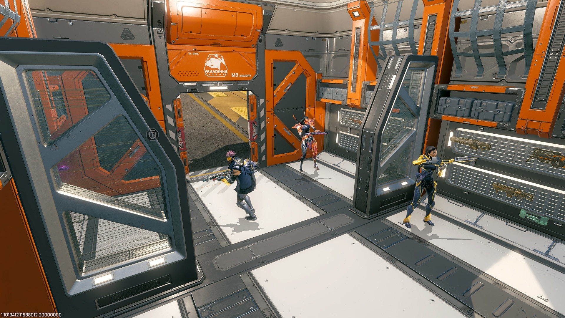 Apex Legends Cipher Stronghold armory with Legends grabbing high-tier weapons
