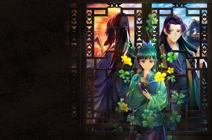 The Apothecary Diaries: The False Imperial Brother key art — Maomao with her notebook before a palace lattice window, with Jinshi behind her