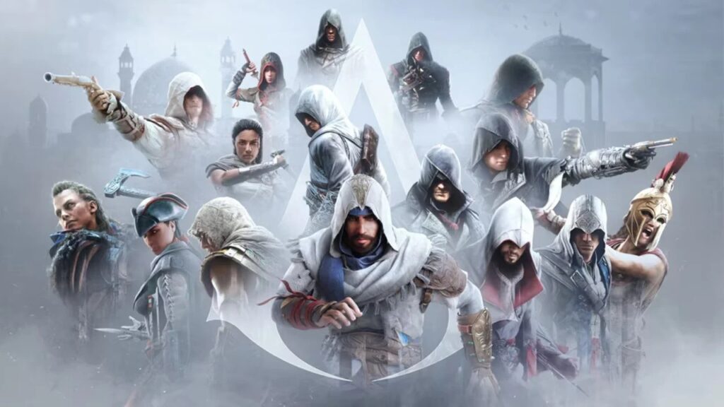 Assassin's Creed official franchise artwork — the series' protagonists around the Assassin's Creed logo