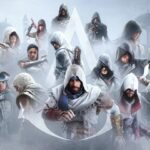Assassin's Creed official franchise artwork — the series' protagonists around the Assassin's Creed logo