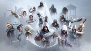 Assassin's Creed official franchise artwork — the series' protagonists around the Assassin's Creed logo