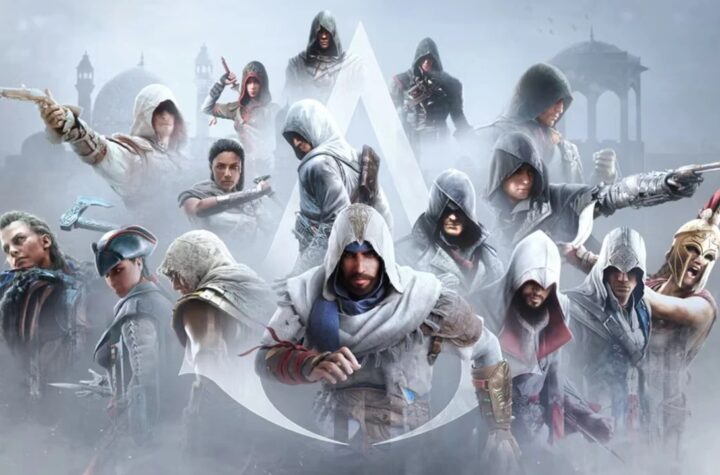 Assassin's Creed official franchise artwork — the series' protagonists around the Assassin's Creed logo