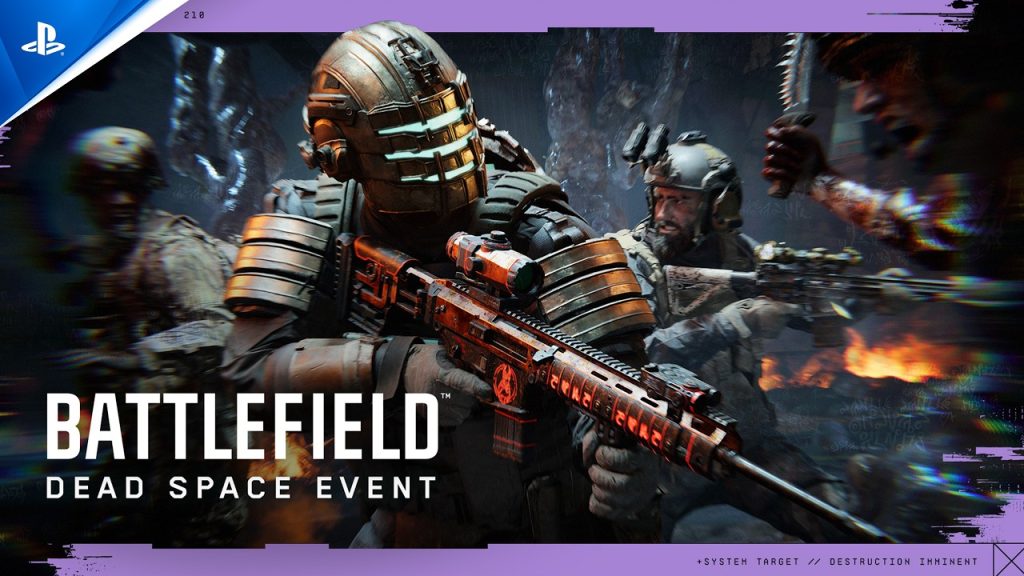 Battlefield 6 Dead Space crossover event key art showing a soldier in Isaac Clarke-style engineering armor holding a plasma-marked rifle