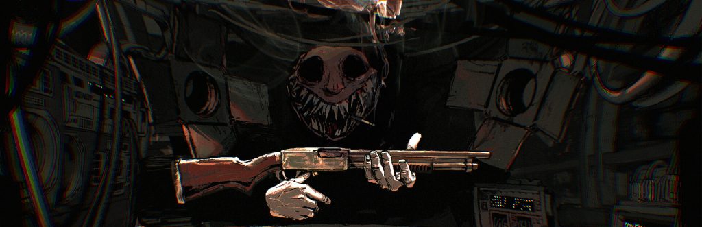 Buckshot Roulette key art — The Dealer's grinning skull face looming over a 12-gauge shotgun on a nightclub table