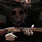 Buckshot Roulette key art — The Dealer's grinning skull face looming over a 12-gauge shotgun on a nightclub table