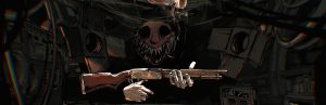 Buckshot Roulette key art — The Dealer's grinning skull face looming over a 12-gauge shotgun on a nightclub table