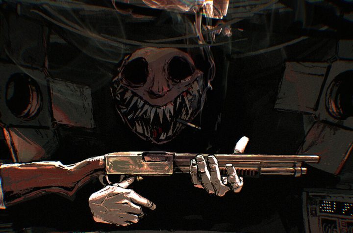 Buckshot Roulette key art — The Dealer's grinning skull face looming over a 12-gauge shotgun on a nightclub table