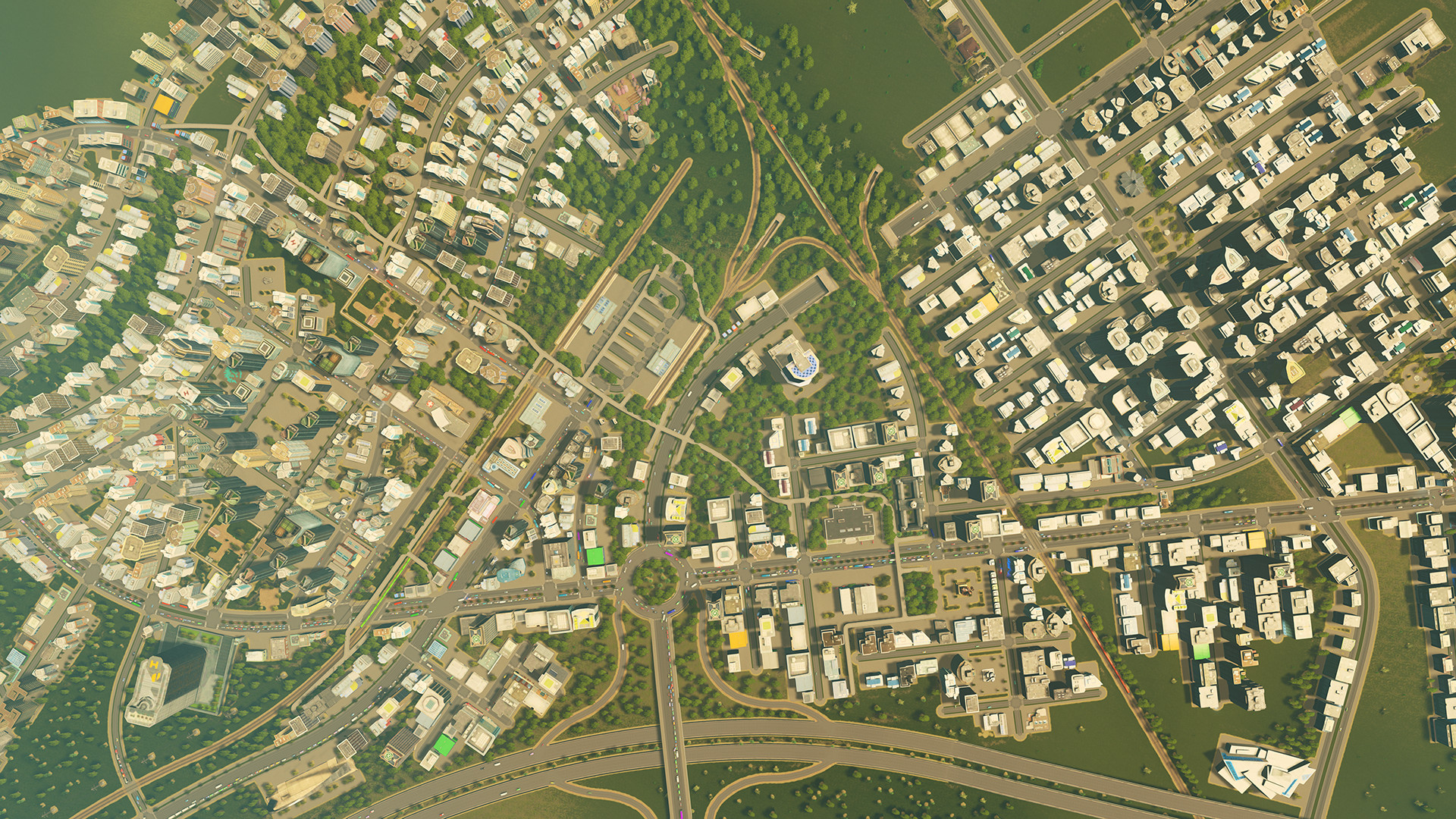 Cities: Skylines gameplay — downtown skyline and transport network