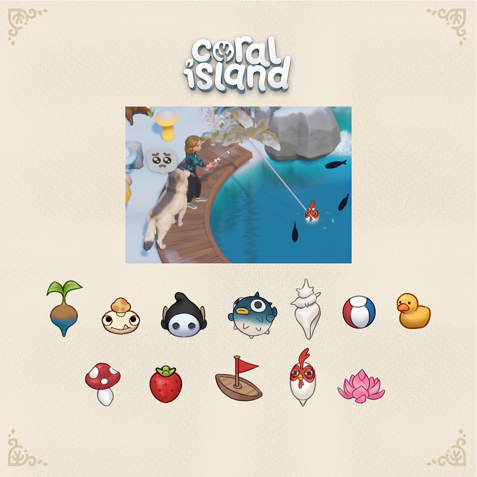 Coral Island fishing bobber designs from update 1.4, with an in-game fishing scene