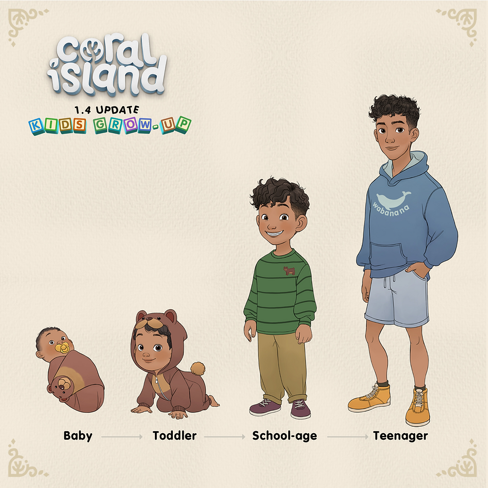 Coral Island Kids Grow Up update showing the four child life stages, baby, toddler, school-age child, and teenager