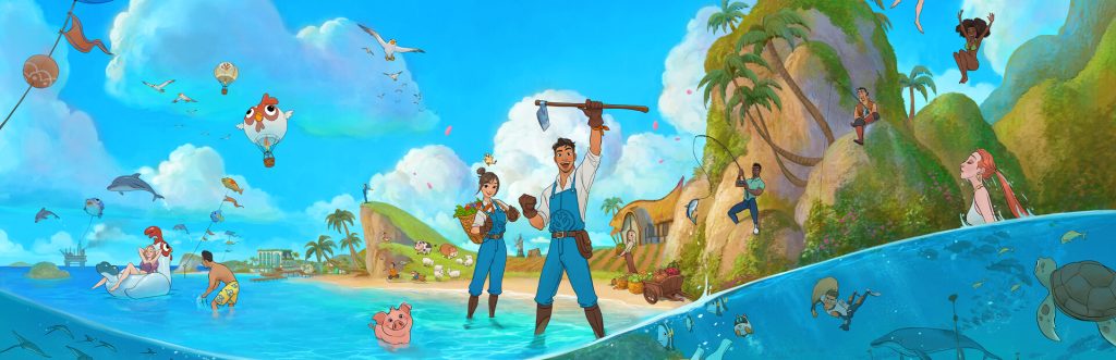 Coral Island key art showing farmers on a tropical beach