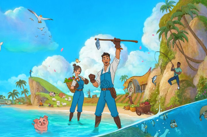 Coral Island key art showing farmers on a tropical beach