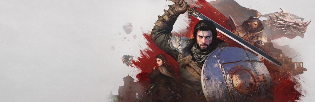 Crimson Desert key art — Kliff raising his sword alongside Greymane companions against a red paint-splash backdrop