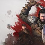 Crimson Desert key art — Kliff raising his sword alongside Greymane companions against a red paint-splash backdrop