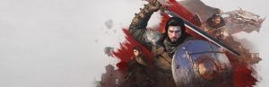Crimson Desert key art — Kliff raising his sword alongside Greymane companions against a red paint-splash backdrop