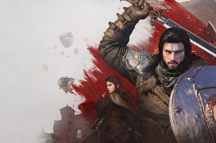 Crimson Desert key art — Kliff raising his sword alongside Greymane companions against a red paint-splash backdrop