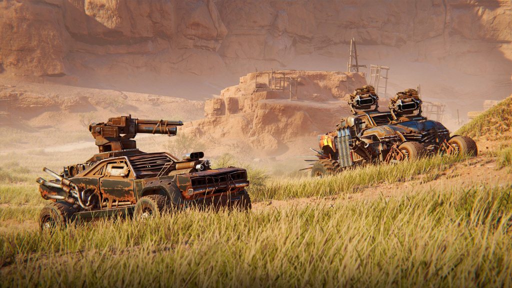Crossout: Remastered screenshot — an armored vehicle charging through the overhauled Wasteland
