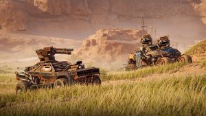 Crossout: Remastered screenshot — an armored vehicle charging through the overhauled Wasteland