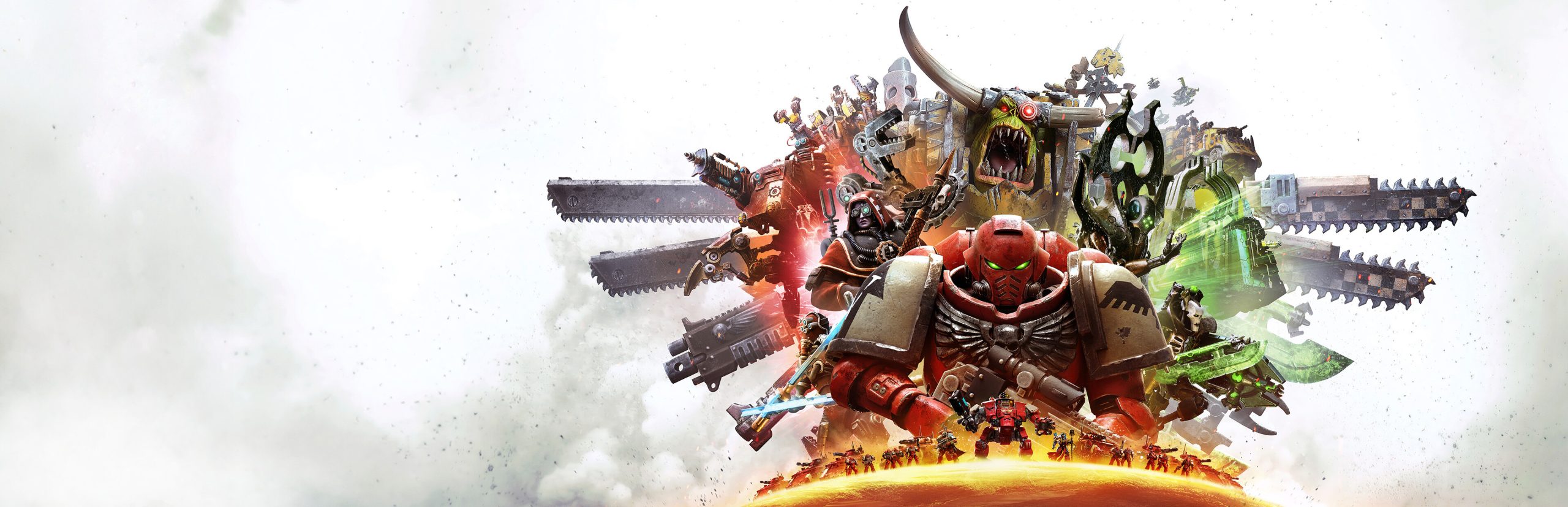 Dawn of War IV battle art — a Blood Ravens Space Marine leads Ork, Mechanicus and Necron forces into battle on Kronus