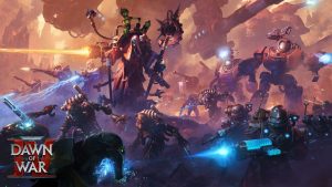Dawn of War IV key art — an Adeptus Mechanicus Tech-Priest and Skitarii battle machines beneath the Dawn of War IV logo