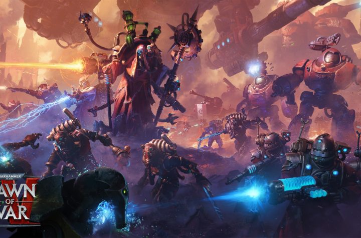 Dawn of War IV key art — an Adeptus Mechanicus Tech-Priest and Skitarii battle machines beneath the Dawn of War IV logo