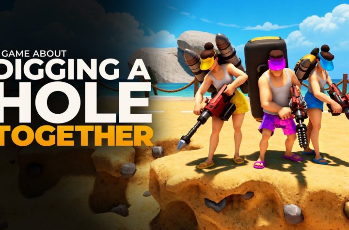 A Game About Digging A Hole Together key art — three characters with drilling rigs on a sunny beach beside the game logo