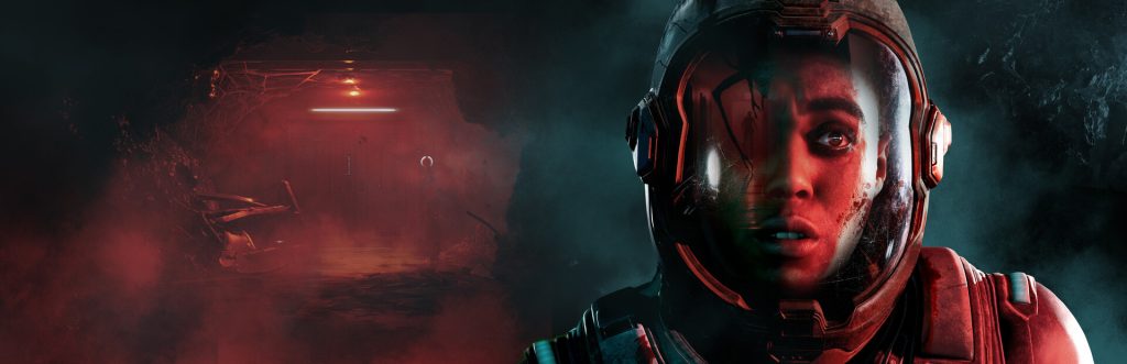 Directive 8020 key art showing an astronaut in a red-lit helmet