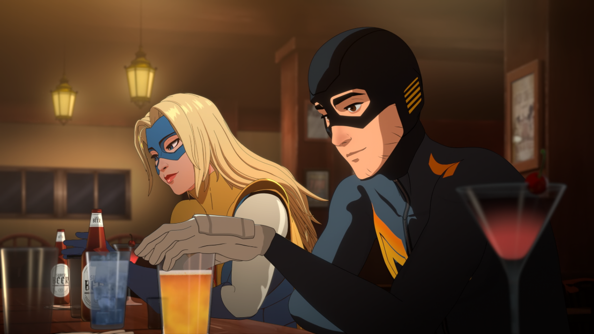 Dispatch scene showing Blonde Blazer and Robert Robertson sitting at a bar