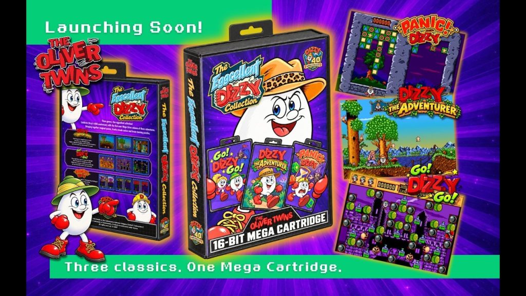 The Eggcellent Dizzy Collection box art for the 16-bit Mega Cartridge showing Dizzy and the three included games