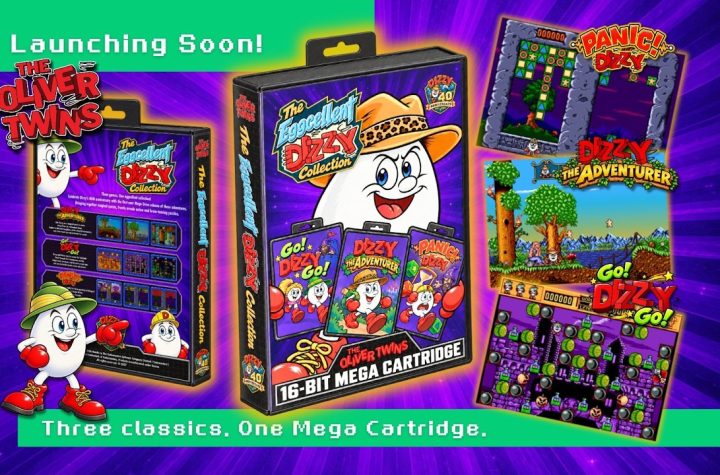 The Eggcellent Dizzy Collection box art for the 16-bit Mega Cartridge showing Dizzy and the three included games
