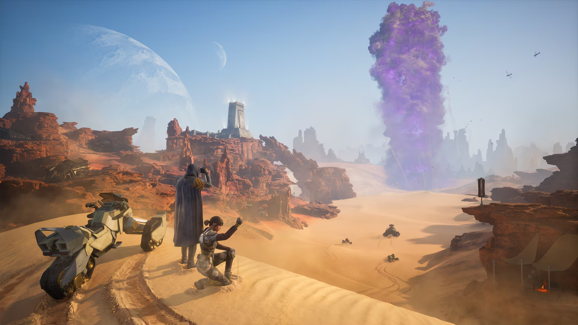 Dune Awakening players overlooking the deserts of Arrakis and a spice blow