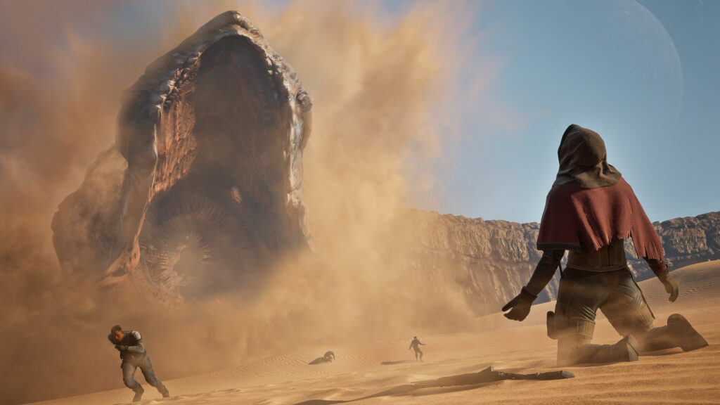 Dune Awakening sandworm erupting from the sands of Arrakis in front of players