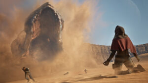 Dune Awakening sandworm erupting from the sands of Arrakis in front of players