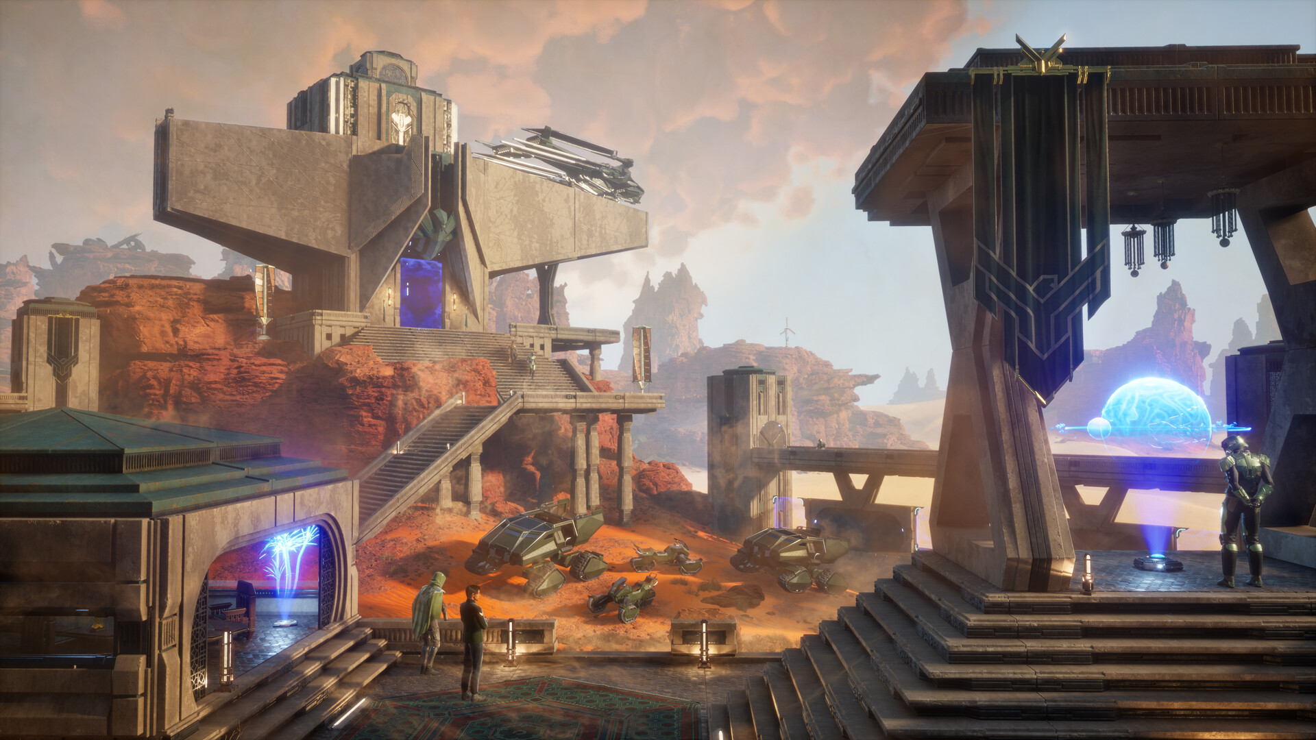 Dune Awakening stronghold and vehicles on Arrakis