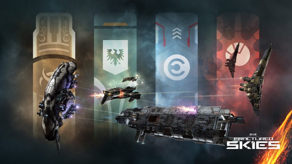 EVE Online Fractured Skies key art showing Navy attack battlecruisers clashing beneath the four empire banners