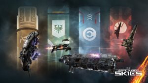EVE Online Fractured Skies key art showing Navy attack battlecruisers clashing beneath the four empire banners