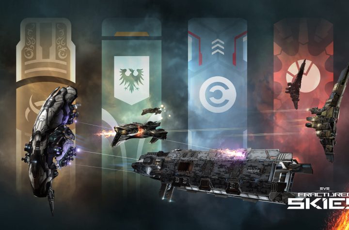 EVE Online Fractured Skies key art showing Navy attack battlecruisers clashing beneath the four empire banners