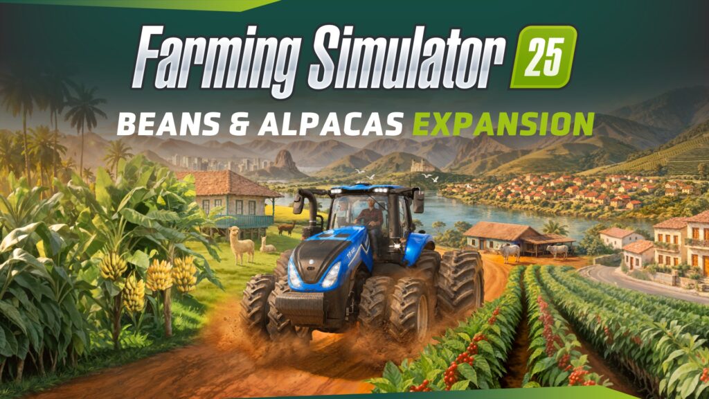 Farming Simulator 25 Beans & Alpacas Expansion key art showing a tractor on a dirt road in Catuai with coffee plants and alpacas