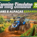 Farming Simulator 25 Beans & Alpacas Expansion key art showing a tractor on a dirt road in Catuai with coffee plants and alpacas