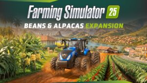 Farming Simulator 25 Beans & Alpacas Expansion key art showing a tractor on a dirt road in Catuai with coffee plants and alpacas