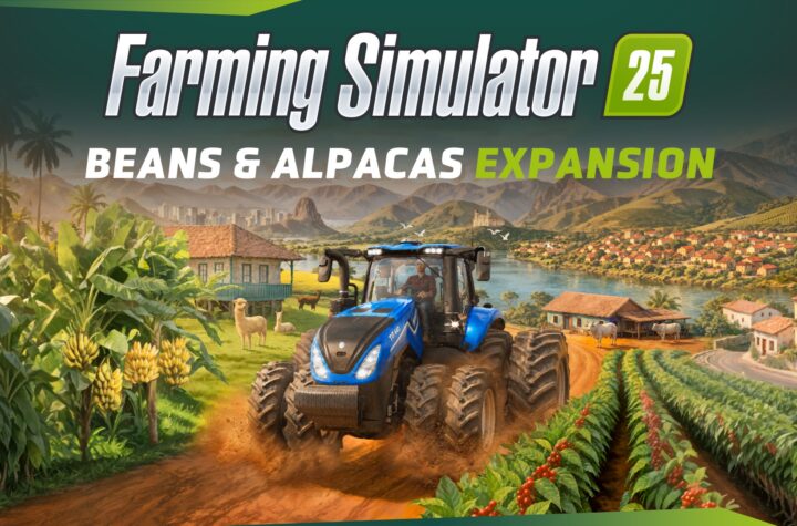 Farming Simulator 25 Beans & Alpacas Expansion key art showing a tractor on a dirt road in Catuai with coffee plants and alpacas