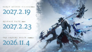 Final Fantasy XIV Evercold key art — Warriors of Light in the snow with the February 23, 2027 release date, February 19 early access and November 4 pre-orders