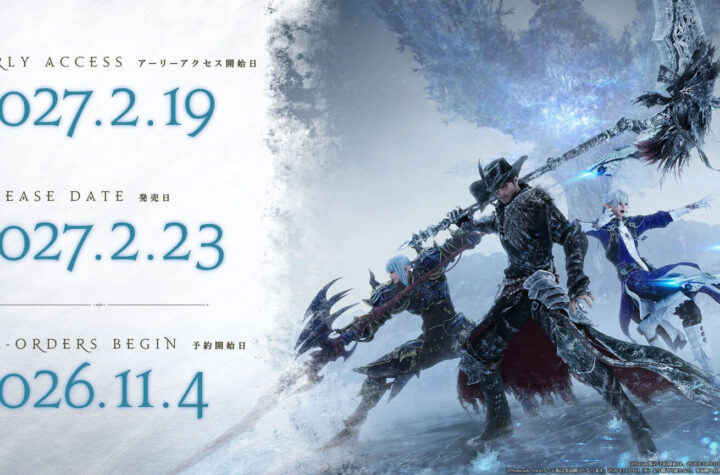 Final Fantasy XIV Evercold key art — Warriors of Light in the snow with the February 23, 2027 release date, February 19 early access and November 4 pre-orders