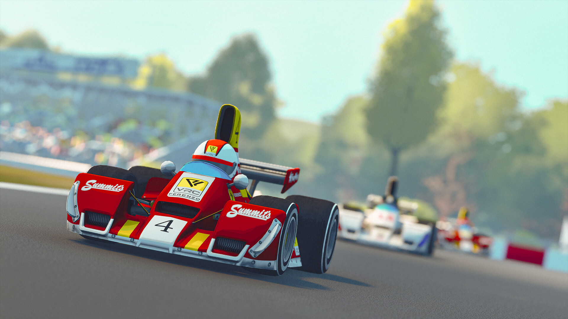Formula Legends vintage-era race car leading a pack on track