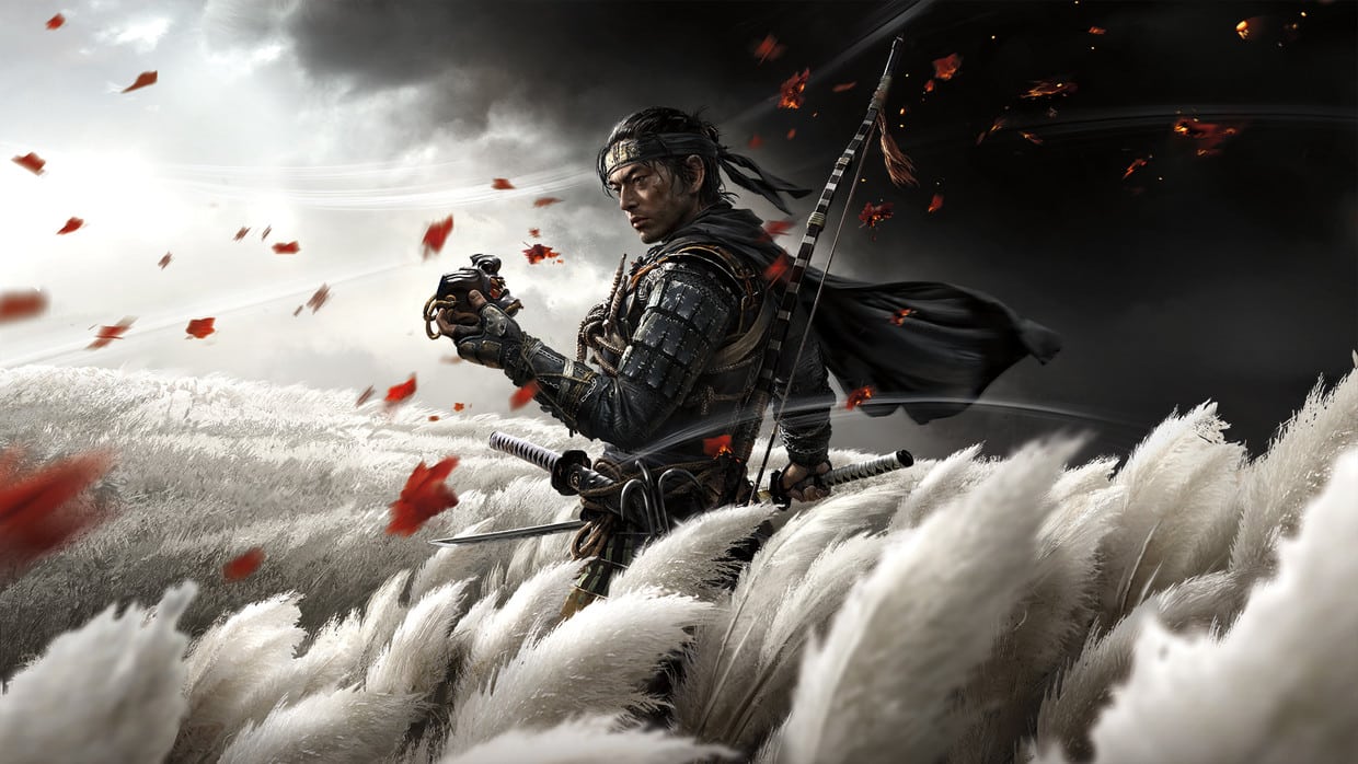 Ghost of Tsushima key art showing Jin Sakai standing in white pampas grass holding his mask