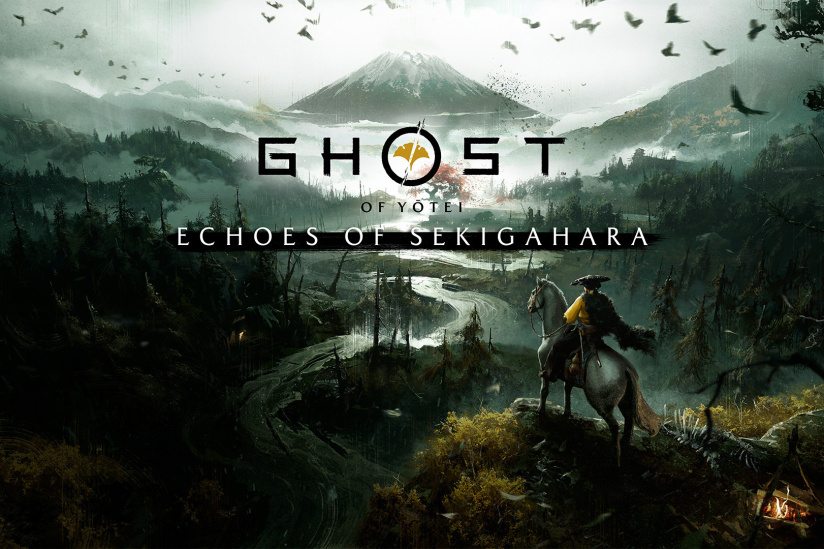 Ghost of Yotei Echoes of Sekigahara key art showing Atsu on horseback overlooking the Ezo landscape and Mount Yotei