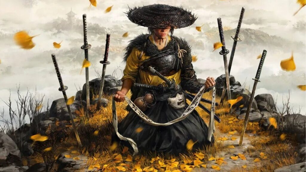 Ghost of Yotei key art showing Atsu kneeling with her revenge list, surrounded by katana stuck in the ground