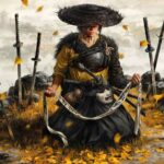 Ghost of Yotei key art showing Atsu kneeling with her revenge list, surrounded by katana stuck in the ground